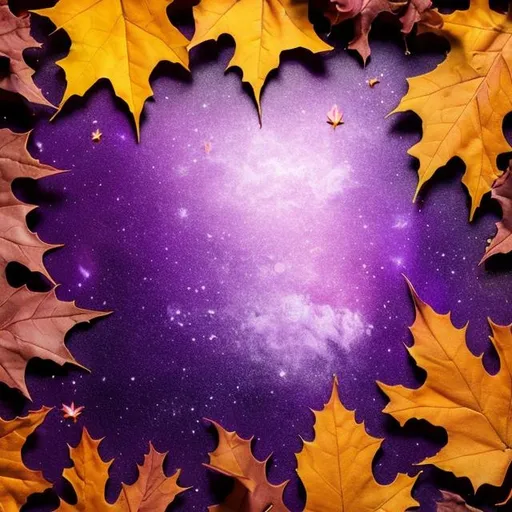 Prompt: Help me to create an art with purple shiny background on the theme of autumn with a big autumn oak leaf as background with students studying about astrology and stars at the front