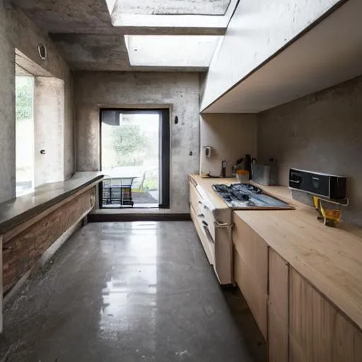 Prompt: brutalist architecture kitchen. with lots of natural light