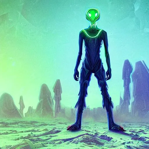 Prompt: 4k, high res, digital art, style of android jones, of a small frightened neon alien, alone, standing by a big hole, ominous, middle of the desert, dark sky, blue moon, shadowed obelisks, alien plant life, small fluorescent scorpions sparsely scattered on the ground, symmetrical, geometric patterns, cyberpunk color scheme, cyberpunk tech, creepy 