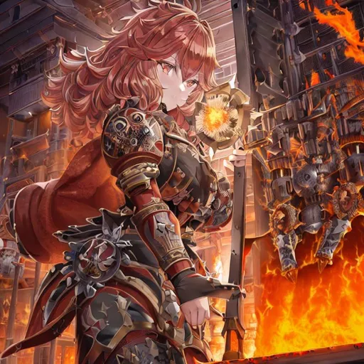 Prompt: a girl, Phoenix girl, fluffy hair, war, a hell on earth, Beautiful and detailed explosion, Cold machine, Fire in eyes, burning, Metal texture, Exquisite cloth, Metal carving, volume, best quality, normal hands, Metal details, Metal scratch, Metal defects, masterpiece, best quality, best quality, illustration, highres, masterpiece, contour deepening, illustration,(beautiful detailed girl),beautiful detailed , Background, discord profile picture