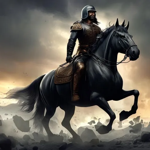 Prompt: A 33 year old man riding on a black horse with a scale in his hand. He brings economic crises to the world. Photorealistic.
