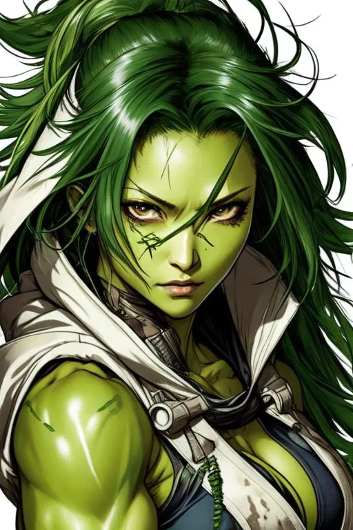 Prompt: (((Yoji Shinkawa))), sticker of ultra detailed portrait of Green skinned She-hulk wearing hooded cloak,  high quality cell shaded illustration in post apocalyptic style by Yoji Shinkawa, ((full body)), dynamic pose, perfect anatomy, centered, freedom, soul, approach to perfection, cell, green skin texture, shading, 4k , holding  a large crystal ball, evil grin, beautiful, cinematic dramatic atmosphere, watercolor painting, global illumination, detailed and intricate environment, artstation, concept art, fluid and sharp focus, volumetric lighting, cinematic lighting, Art by Yoji Shinkawa,
