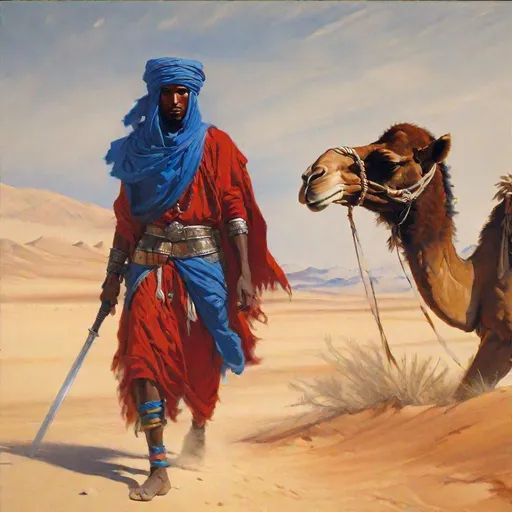 Prompt: A tuareg warrior with a red vest and a blue turban covering his head. He holds a sword and a shield and is walking in the desert. Detailed, well draw face, orientalist art. Behind him his Camel. 