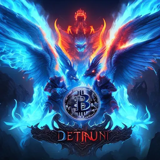 Prompt: Blue fire in backgournd, 3 demons with wings at front, thay have Bitcoin red logo on there chest