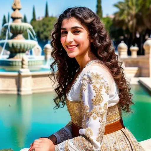 Prompt: long shot super detailed lifelike illustration, intricately detailed face, use your imagination, ottoman women, Constantinople{background}, Georges woman, beautiful lips, big brown eyes, curly long hair , perfect nose, smiling face, happy girl, sitting in front of a fountain, show whole body, perfect shape of a body, white shoes.

Georges fountain, old town

masterpiece photoghrafic real digatal ultra realistic hyperdetailed 

 cinematic light, movie, high contrast 


volumetric lighting maximalist photo illustration 4k, resolution high res intricately detailed complex,

soft focus, realistic, heroic fantasy art, clean art, professional, colorful, rich deep color, concept art, CGI winning award, UHD, HDR, 8K, RPG, UHD render, HDR render, 3D render cinema 4D