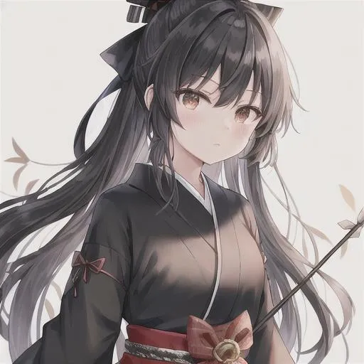 Prompt: Black bow, arrows, human, Taishō era, beautiful haori, demon slayer inspired outfit, Japanese styled outfit, silver hair