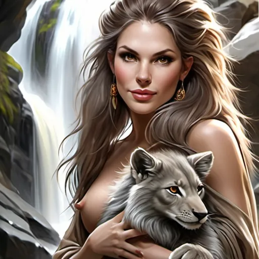 Prompt: lion lady-lady with thick hair like a lion's mane Bigfoot sasquatch beautiful delicate amber raze holding a baby wolf that's gray near waterfall 