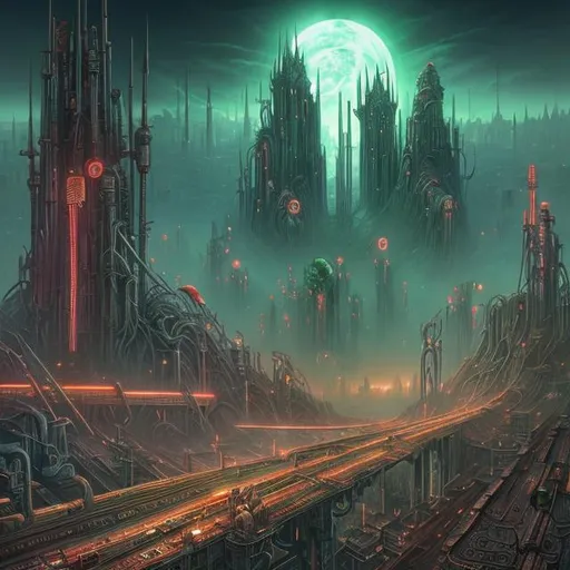 Prompt: Fantasy art style, painting, metal, chrome, metropolis, city, crowded city, overpopulation, pollution, Evil, dictatorship, green neon lights, neon lights, green lights, futuristic, biological mechanical, dystopian, pipes, tubes, cables, nuclear weapons, weapons, teeth, brutalist, fog, smog