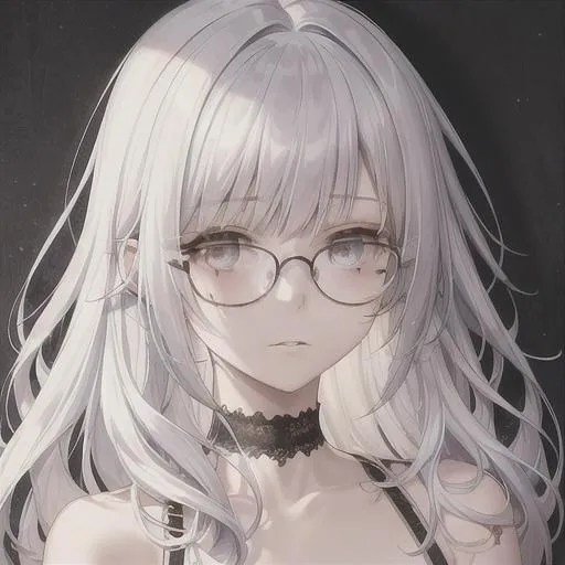 Prompt: ((art by  Agnes Cecile)), 1girl, solo, [goth:alternative:.5], round eyewear, ((glasses)), choker, jewelry, (close to viewer), sharp focus, best quality, masterpiece, illustration, (amazing detailed), (intricate detailed), ((beautiful detailed face)), curly white hair