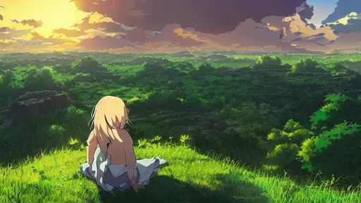 Prompt: anime, green female orc sit on the ground, beautiful landscape, big clouds, sunset by makoto shinkai, studio ghibli