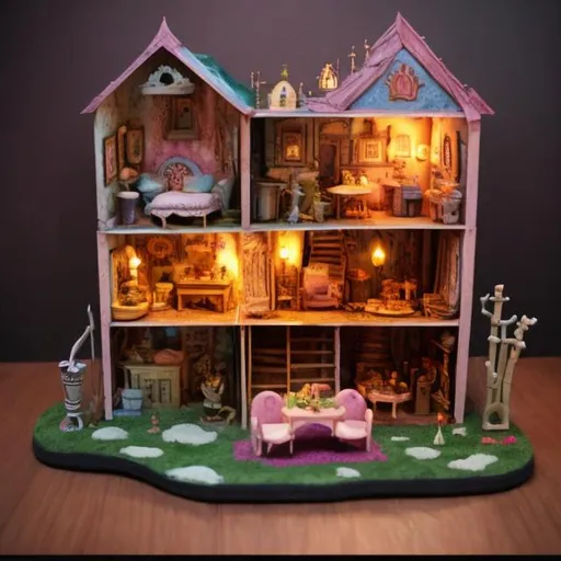 Prompt: Dollhouse Diorama in the style of Tim Burton 