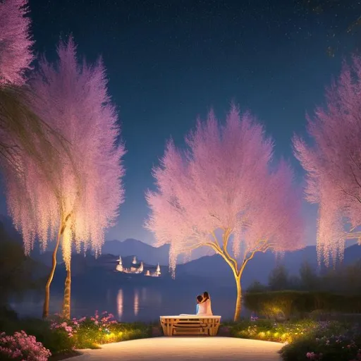 Prompt: a man and a woman underneath a night sky full of bright stars and moonlight that is illuminating a romantic willow tree on a hill that is a perfect dating location, intricate, highly detailed, digital painting, artstation, concept art, smooth, sharp focus, illustration, unreal engine 5, 8k, art by artgerm and greg rutkowski and alphonse mucha