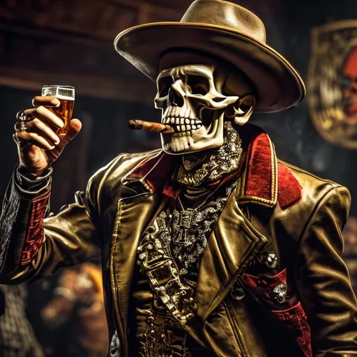 Prompt: HD, skeleton, smoking a cigar in his mouth and looking at you, pointing at you, holding beer, your pointing the middle finger at skeleton