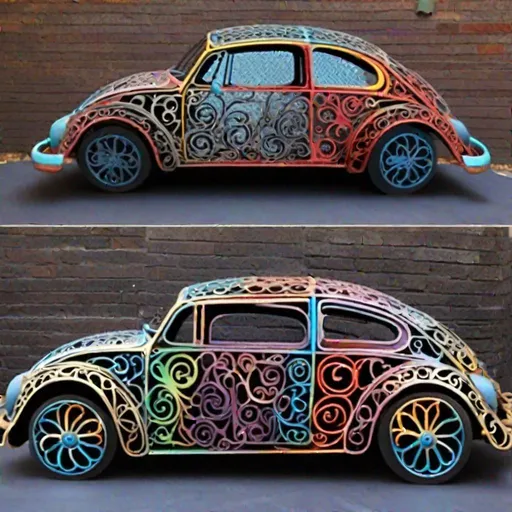 Prompt: A VW beetle made out of colored filigree wrought iron work