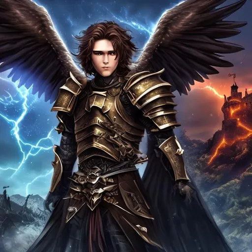 Prompt: brave 
 hero dark angel  handsome knight royal castle 17 year old grasslands  beautiful sky nice lights and a dragon behind him wings in the day realistic face



