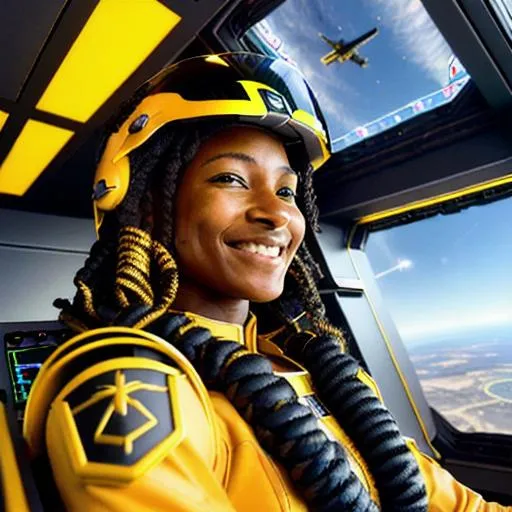 Prompt: (Hyperrealistic highly detailed sharp photography of ebonian woman pilot in spaceship cockpit) Young, beautiful, strong-willed, determined eyes, confident, happy, excited, modern grey uniform, tribal golden headband, helmet with visor, signing "ok", smiling.
Runic cockpit. Black and gold bird-shaped spaceship. 