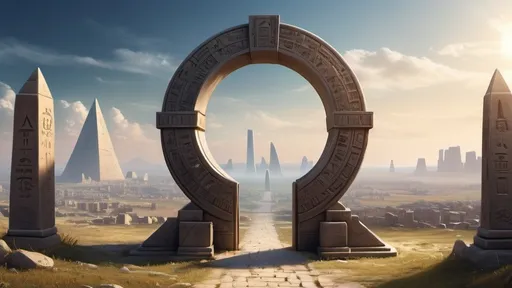 Prompt: circular portal, gateway between cities realms worlds kingdoms, ring standing on edge, freestanding ring, hieroglyphs on ring, complete ring, obelisks, panoramic view