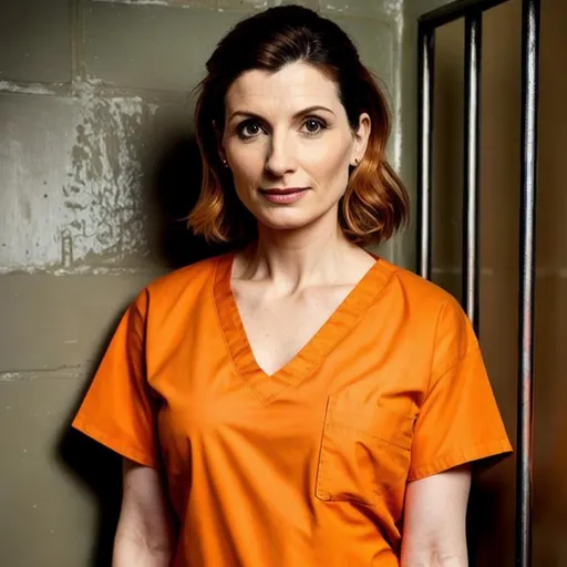 Prompt: jodie whittaker in prison wearing orange scrubs prison uniform