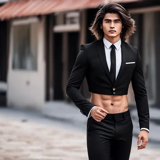 Prompt: an attractive long-haired 23-years old man with a six pack abs wearing a crop top black suit and tie, he is walking on a deserted town