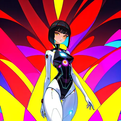 Prompt: a lonely AI girl, very tall, thick thighs, wide hips, long legs, slender waist, big beautiful symmetrical eyes, intriguingly beautiful face, aloof expression, bob haircut with bangs, colorful Surrealism art style, 12K resolution, hyper quality, hyper-detailed, depth of field