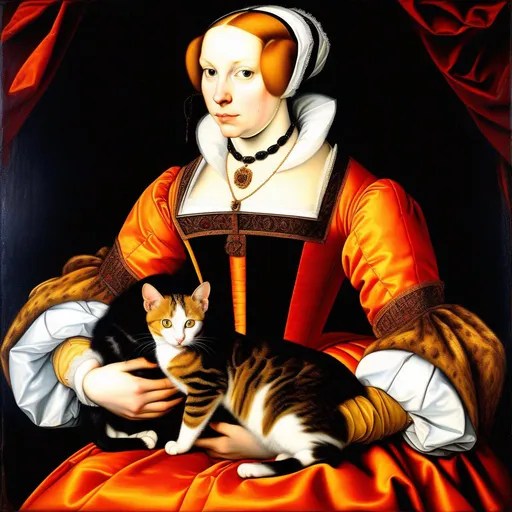 Prompt: Young beautiful lady with a cat on her lap, early 16th century, oil on canvas, in the style of Holbein, realistic, colorful, highly detailed