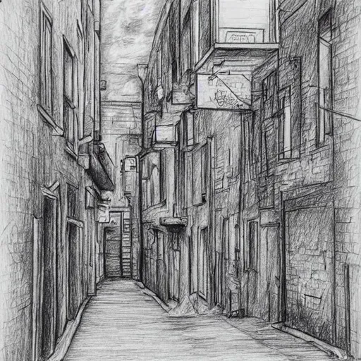 Prompt: a pencil sketch of a dead end alleyway