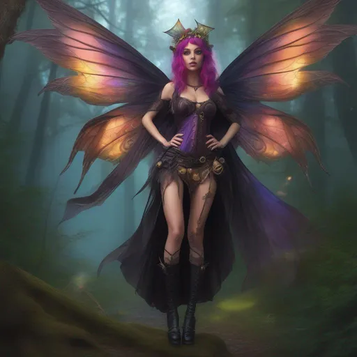 Prompt: Epic. Cinematic. Shes a (colorful), Steam Punk, gothic, witch. ((spectacular)), Winged fairy, with a skimpy, ((colorful)), gossamer, flowing outfit, standing in a forest by a village. ((Wide angle)). Detailed Illustration. 8k.  Full body in shot. (Hyper real painting). Photo real. A ((beautiful)), shapely, woman with, ((anatomically real hands)), and ((vivid)) colorful, ((bright)) eyes. A ((pristine)) Halloween night. (Concept style art). 