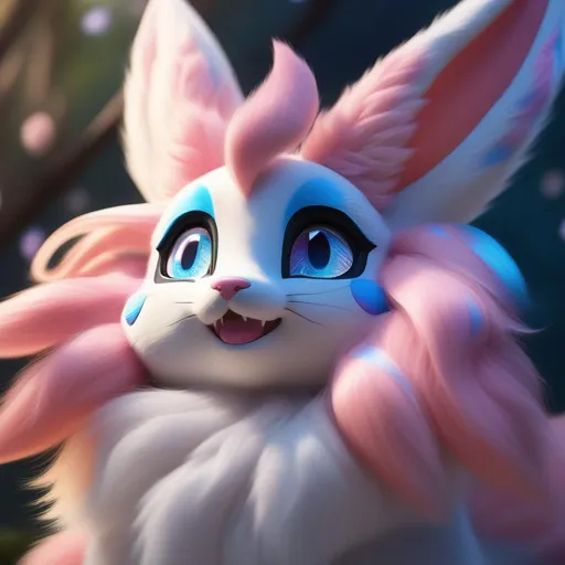 Prompt: Sylveon, realistic, photograph, epic oil painting, hyper real, furry, hyper detailed, extremely beautiful, sprawling on back, belly up, paws in the air, playful, UHD, studio lighting, best quality, professional, 8k eyes, 8k, highly detailed, highly detailed fur, hyper realistic creamy fur, canine quadruped, (high quality fur), fluffy, fuzzy, full body shot, zoomed out view of character, perfect composition, trending, instagram, artstation, deviantart, best art, best photograph, unreal engine, high octane, cute, adorable smile, peaceful, (highly detailed background), vivid, vibrant, intricate facial detail, incredibly sharp detailed eyes, incredibly realistic golden retriever fur, concept art, anne stokes, yuino chiri, character reveal, extremely detailed fur, rich shading, vivid colors, high saturation colors, nintendo, pokemon, silver light beams
