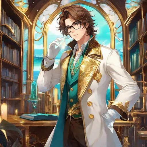 Prompt: Third person, gameplay, high quality, feminine man, shoulder length wavy brown hair, brown eyes, glasses, extravagant magical turqoise coat with gold trim, white dress pants, diamond motif, glasses, gold timepiece on wrist, gloves, cool atmosphere, magical laboratory with high bookshelves and a window overlooking the ocean, cool atmosphere, anime style, manga style, Studio Ghibli, extremely detailed print by Hayao Miyazaki, 