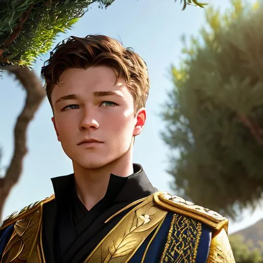 Prompt: Realistic photo of handsome 15 years old Taron Edgerton looking down with love in his eyes above you with a divine presence. Beautiful action scene art. he is wearing an black roman toga. he is wearing a golden laurel wreath, light from a ray of sunlight that is distorted by the leaves of an olive tree. he is under a olive tree, UHD, hd , 8k, , Very detailed, panned out view of character, zoomed out view of whole character,  perfect composition, hyperrealistic, super detailed, 8k, high quality, sharp focus, intricate details, highly detailed, dynamic lighting, detailed and intricate environment, highest quality, ethereal, luminous, glowing, dark contrast, celestial, trails of light, soft light, backlit, vaporwave