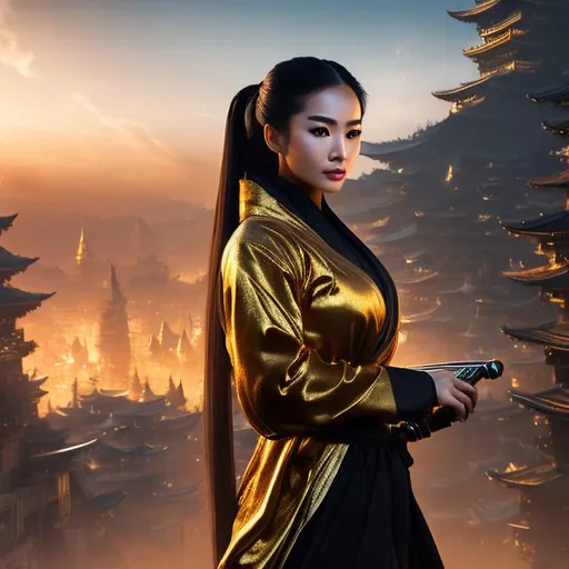 Prompt: create best quality photograph of beautiful female ninja who is wearing all gold ninja style robes,  night and beautiful sky as background, detailed face, extremely detailed environment, extremely detailed background, extremely detailed skin, extremely detailed clothing, natural colors , professionally color graded, photorealism, 8k, realistic, moody lighting, galactic environment, volumetric lighting