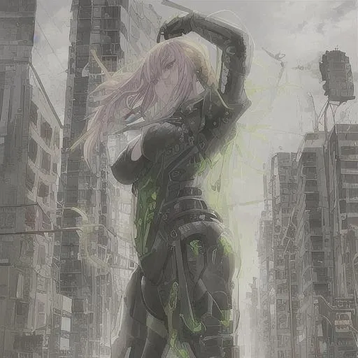 Prompt: Beautiful female angel of death, strong male warrior, embracing, radiation, Chernobyl, green, gothic, stalker, tattoos, cyberpunk, mech, red fire