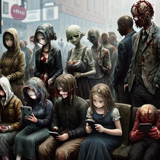 Prompt: Make a painting of {{people staring into their phones like mindless zombies}}, zombies, detailed, high resolution, dystopic, grim