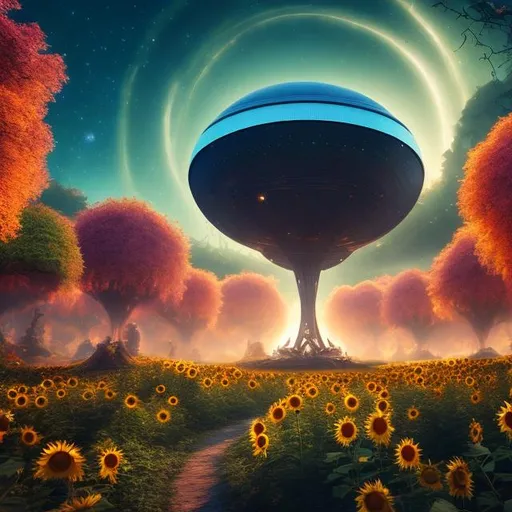 Prompt: A crashed UFO converted into a permanent shelter, beautiful glowing lights, sci-fi, stunning, intricate, elegant. Post-apocalyptic forest, lush green trees, sunflower in a pot, Pumpkin patch. vibrant, colorful, magic ruins ambiance. Joyful, weird, surreal, sharp focus, UHD, 8k.