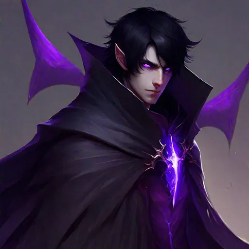 Prompt: Desmosin (male, black hair, purple eyes) wearing a cape, demon