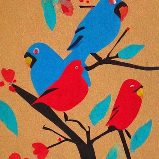 Prompt: Blue and red birds on a tree