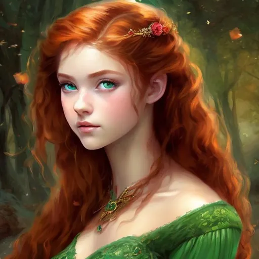 Prompt: head portrait of a beautiful fantasy young teenaged maiden dressed modestly. red hair, green eyes. Epic romantic painting