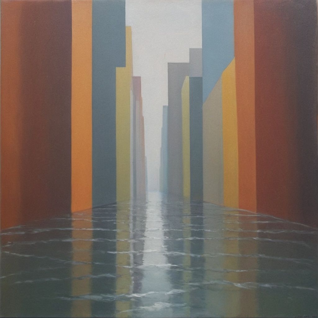 Prompt: a painting of a city with a large body of water in front of it and a large building, abstract illusionism, sense of depth, an oil on canvas painting