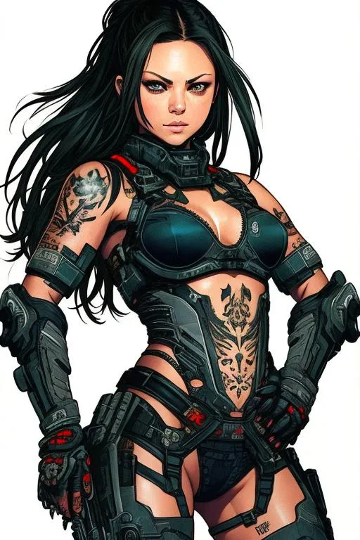 Prompt: (((Yoji Shinkawa))), sticker of an ultra-detailed portrait of Mila Kunis wearing (black lace mech armor), high-quality cell shaded illustration in post-apocalyptic style by Yoji Shinkawa, ((full body)), face tattoo, dynamic pose, perfect anatomy, tattoos centered, freedom, soul, long black hair, approach to perfection, cell shading, 4k, cinematic, dramatic atmosphere, watercolor painting, global illumination, detailed and intricate environment, artstation, concept art, fluid and sharp focus, volumetric lighting, cinematic lighting, Art by Yoji Shinkawa,