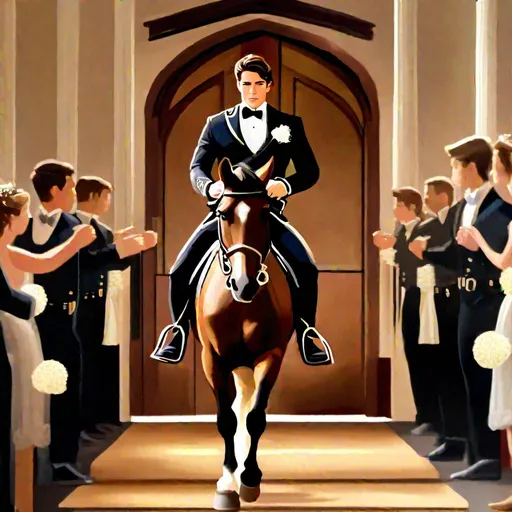 Prompt: Caleb  as a police officer (brown hair) (brown eyes) wearing a tuxedo, full body, riding a horse, pulling back on the reins, making the horse on its hind legs rearing  up, two large doors directly behind him, center, front-facing, stopping a wedding, objecting, still image, standing in the altar room