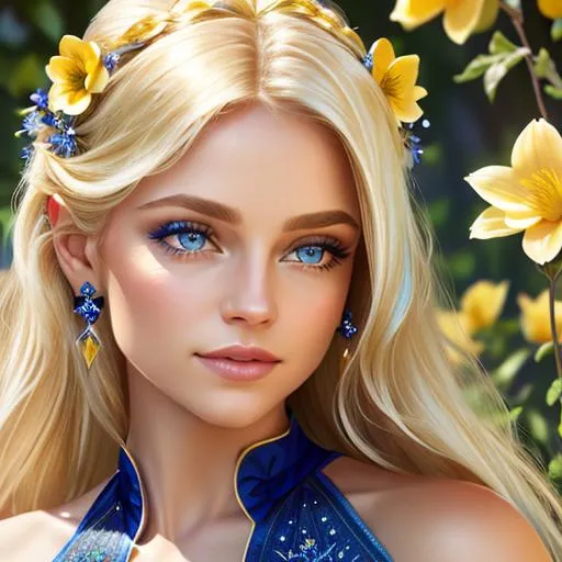 Prompt: Pixie dust princess, long blonde hair, sapphire eyes, yellow flowers in her hair,  facial closeup