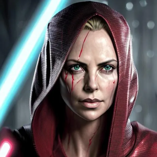 Prompt: Charlize Theron as a Sith Lord, raining, highly detailed, lines on face, red lightsaber