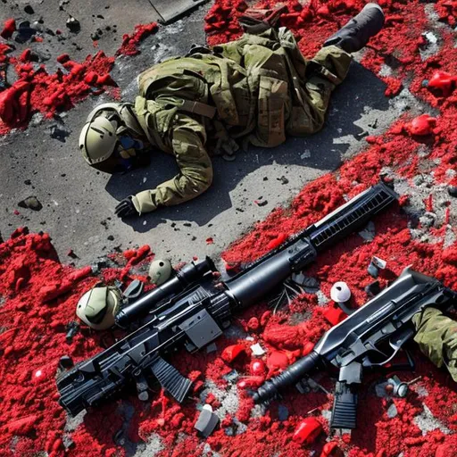 Prompt: futuristic humanoid soldier with laser gun and futuristic armor wounded bleeding out laying on the ground, the soldier's laser rifle is laying to the left of the soldier, there is a small amount of burnt wreckage from a helicopter near the soldier, there is red blood on the soldier's chest and a puddle of red blood on the ground underneath the soldier, the soldier's hands are empty, the soldier is laying on the ground, the soldier is bleeding out on the ground, there is only one soldier