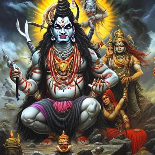 Prompt: lord shiv angry eyes with maa parvati behind him