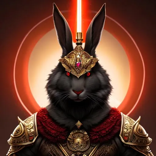 Prompt: an anthropomorphic Rabbit, mythological creature, large head, red glowing eyes, chest armor, muscled, highly detailed face and fur, dark skin, chiaroscuro, volumetric lighting, d&d character, oil on canvas, intricate detail