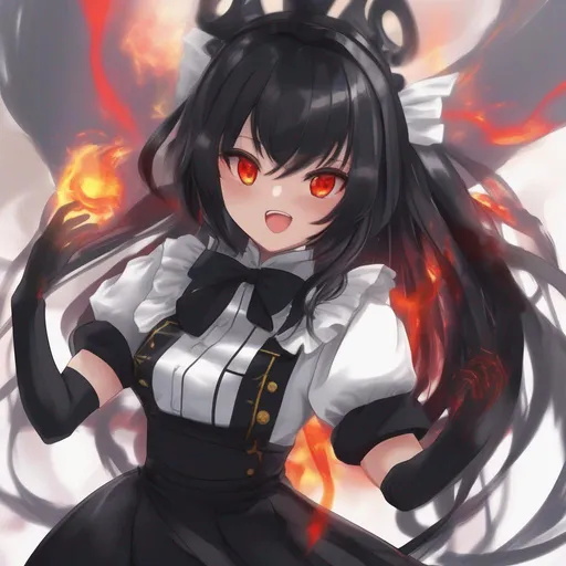 Prompt: Jet Black_Hair, Royal Maid Outfit, Red Fire_Eyes, Swirl of Radioactive energy, Wondrous Exposition by Toekevenron