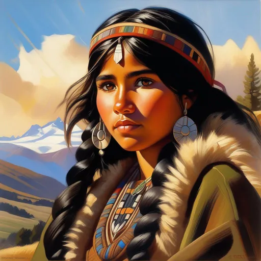 Prompt: Mapuche girl, olive skin, black hair, brown eyes, in Patagonia, cartoony, sunny atmosphere, extremely detailed painting by Greg Rutkowski and by Henry Justice Ford and by Steve Henderson