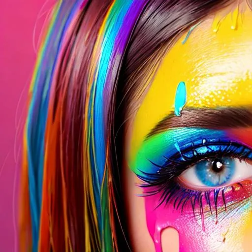 Prompt: female face dripping  paint in rainbow colors, facial closeup