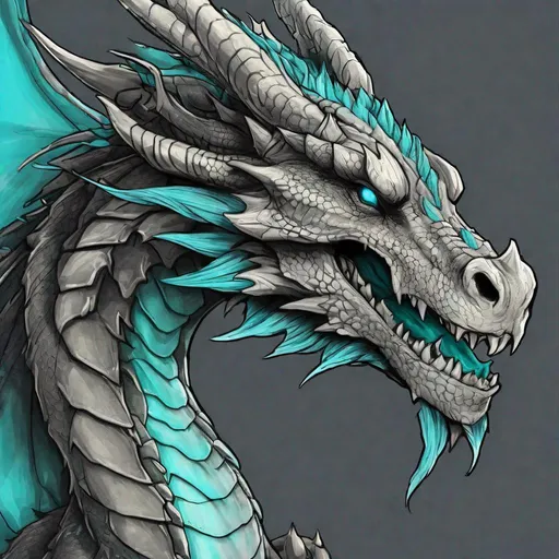 Prompt: Concept design of a dragon. Dragon head portrait. Coloring in the dragon is predominantly dark gray with subtle cyan streaks and details present.