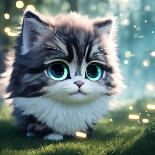 Prompt:  realistic fluffy very cute and chibi eyes calm lightingDisney Pixar style cute cat, highly detailed, fluffy, intricate, big eyes, adorable, beautiful, soft dramatic lighting, light shafts, radiant, ultra high quality octane render, daytime forest background,bokeh, hypermaximalist